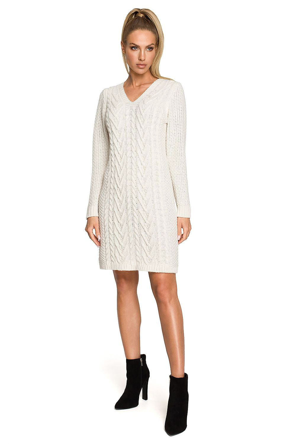 Elegant Knitted Plaid Dress for Cold Days - Moe Warmth & Style in a luxurious cream shade, emphasizing the flattering V-neck and intricate knit pattern.