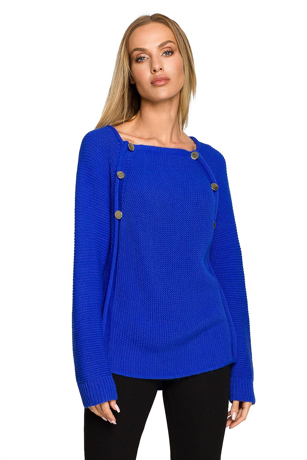 Luxury Over-The-Shoulder Sweater With Decorative Gold Buttons - Moe Jumper showcased on a model, featuring a chic blue colour, designed for an elegant and stylish look.