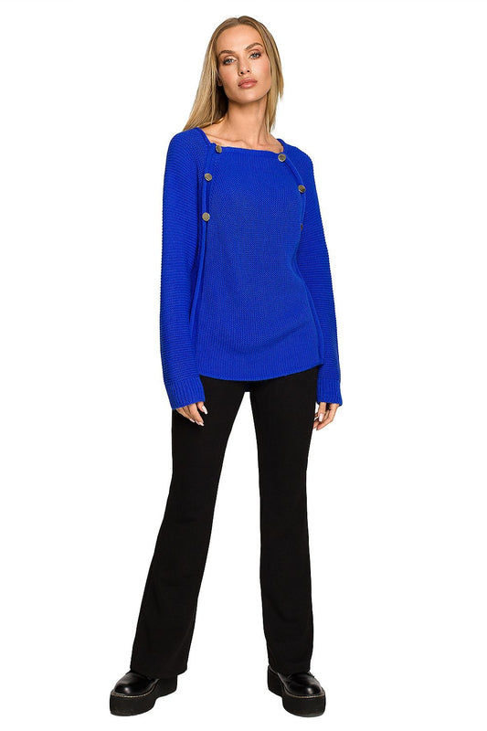 Luxury Over-The-Shoulder Sweater With Decorative Gold Buttons - Moe Jumper displayed with a full view of a model wearing it, highlighting its sophisticated design and classic aesthetic.