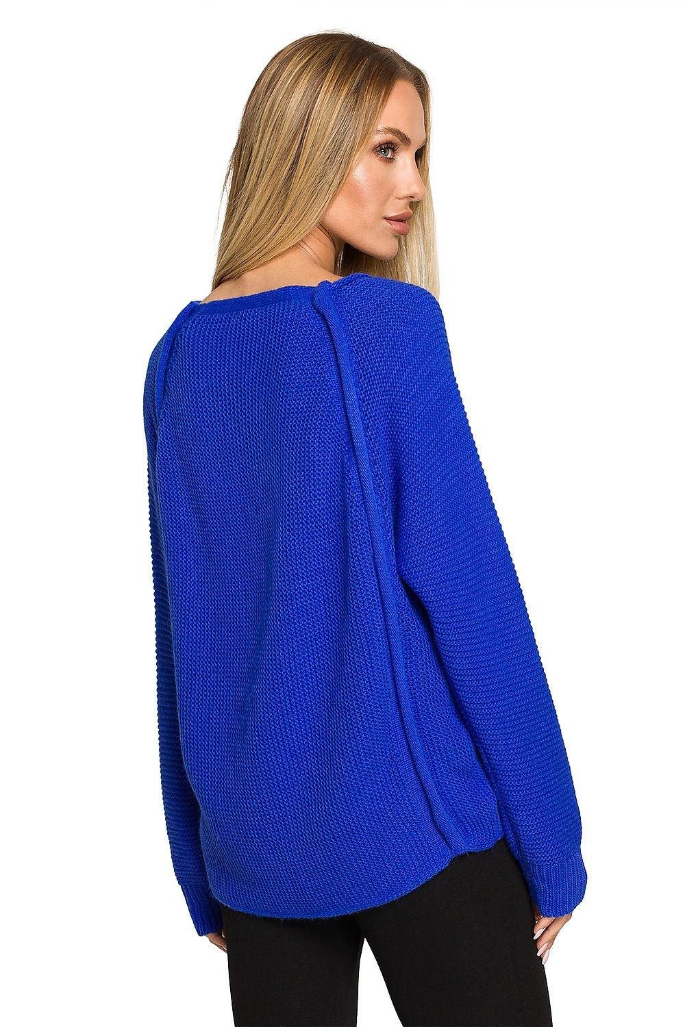 Luxury Over-The-Shoulder Sweater With Decorative Gold Buttons - Moe Jumper presented from the back on a model, showcasing the raw-finished neckline and unique stitching details.