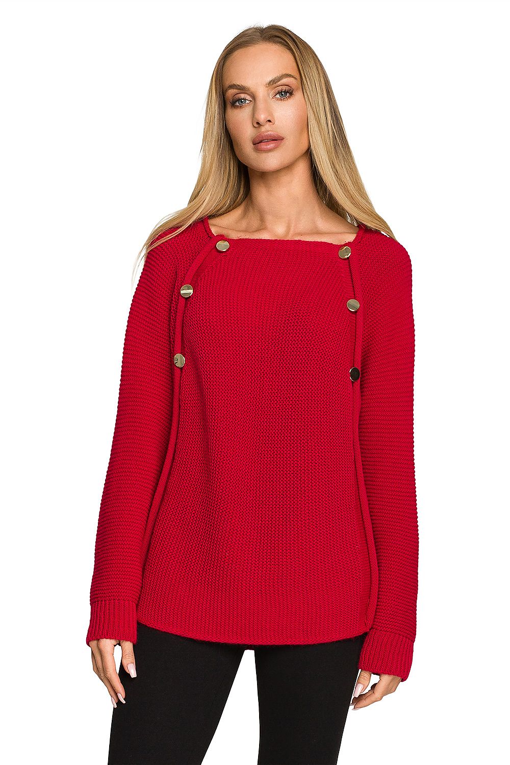 Luxury Over-The-Shoulder Sweater With Decorative Gold Buttons - Moe Jumper, showcased in bold red with decorative gold buttons on the sleeves, creating a stylish look.