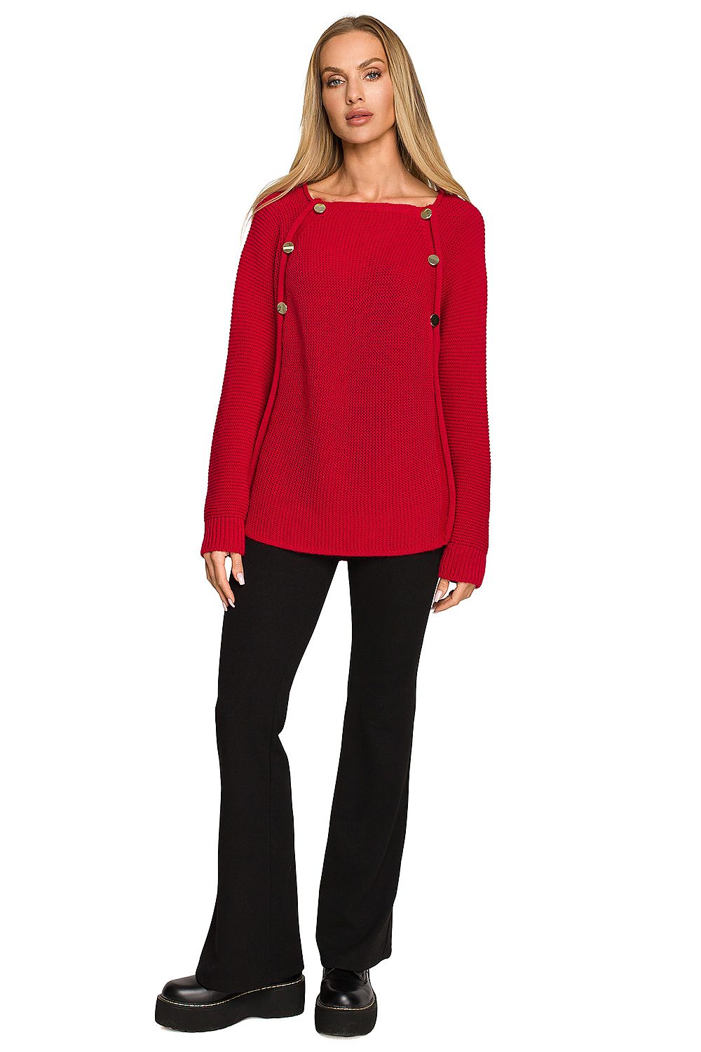 Luxury Over-The-Shoulder Sweater With Decorative Gold Buttons - Moe Jumper, featured in red, elegantly styled with black pants for a chic outfit.