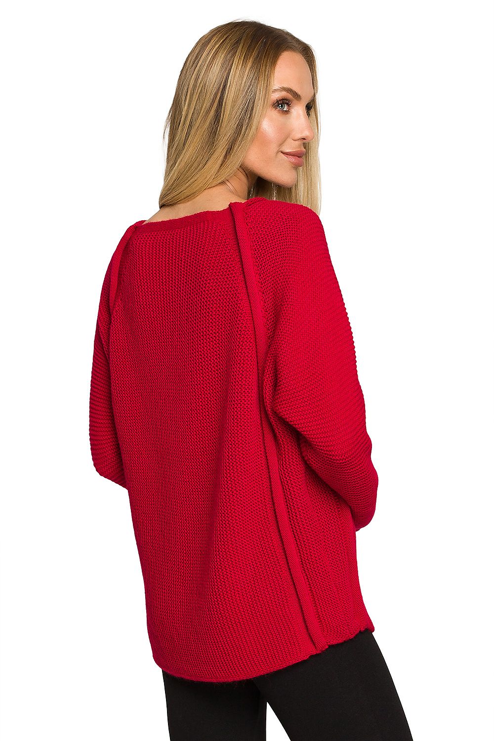 Luxury Over-The-Shoulder Sweater With Decorative Gold Buttons - Moe Jumper, back view in striking red, highlighting the unique raw-finished neckline.