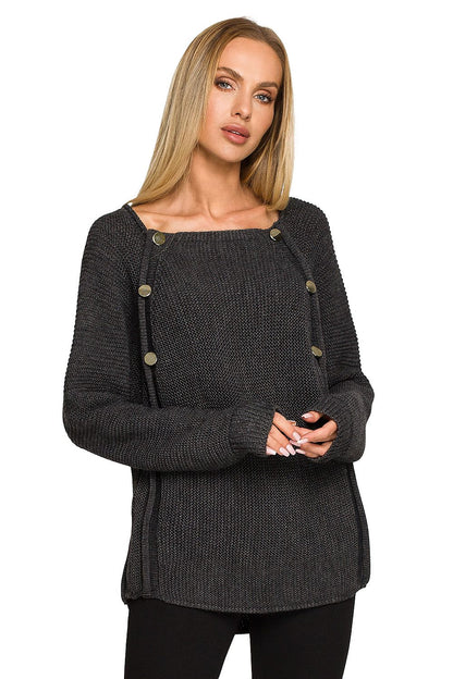 Front view of the Luxury Over-The-Shoulder Sweater With Decorative Gold Buttons by Moe in a sophisticated dark grey colour, featuring stylish gold buttons along the shoulder.