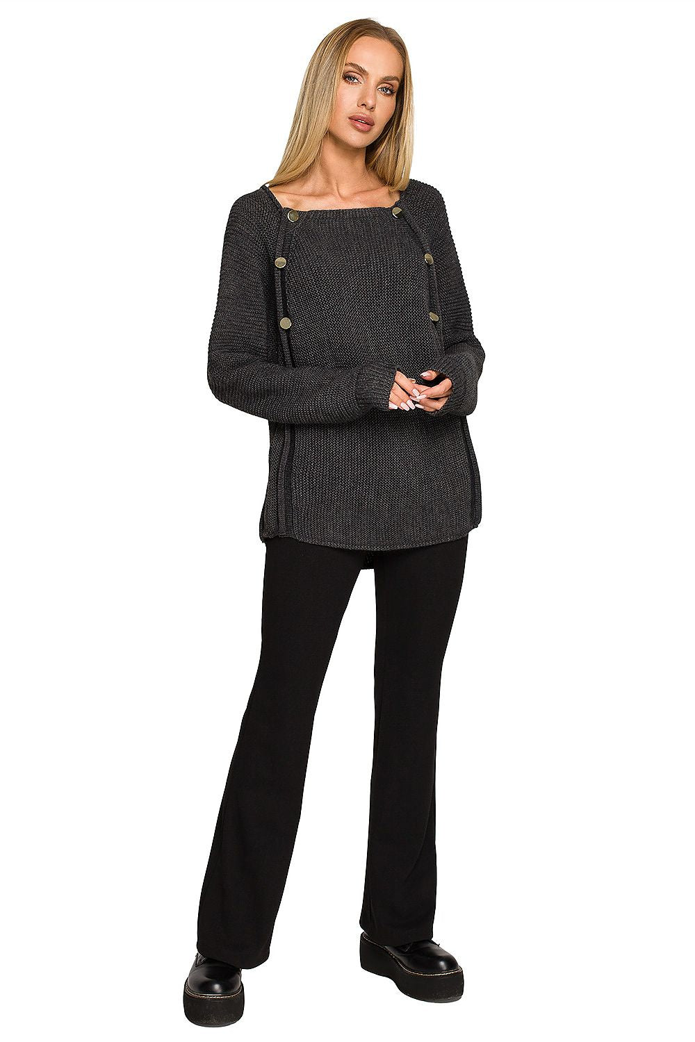 Full view of the Luxury Over-The-Shoulder Sweater With Decorative Gold Buttons by Moe, styled with elegant black trousers, highlighting its chic design and quality fabric.