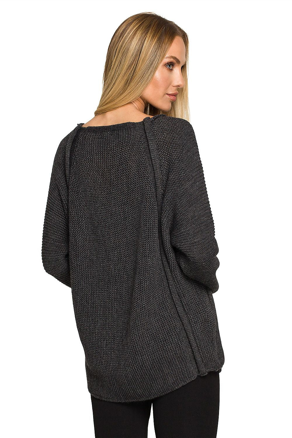 Back view of the Luxury Over-The-Shoulder Sweater With Decorative Gold Buttons by Moe in dark grey, focusing on the unique cut and textured knit details.
