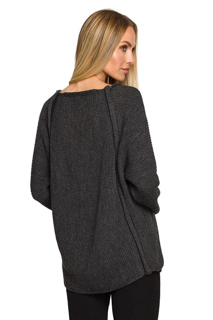 Back view of the Luxury Over-The-Shoulder Sweater With Decorative Gold Buttons by Moe in dark grey, focusing on the unique cut and textured knit details.