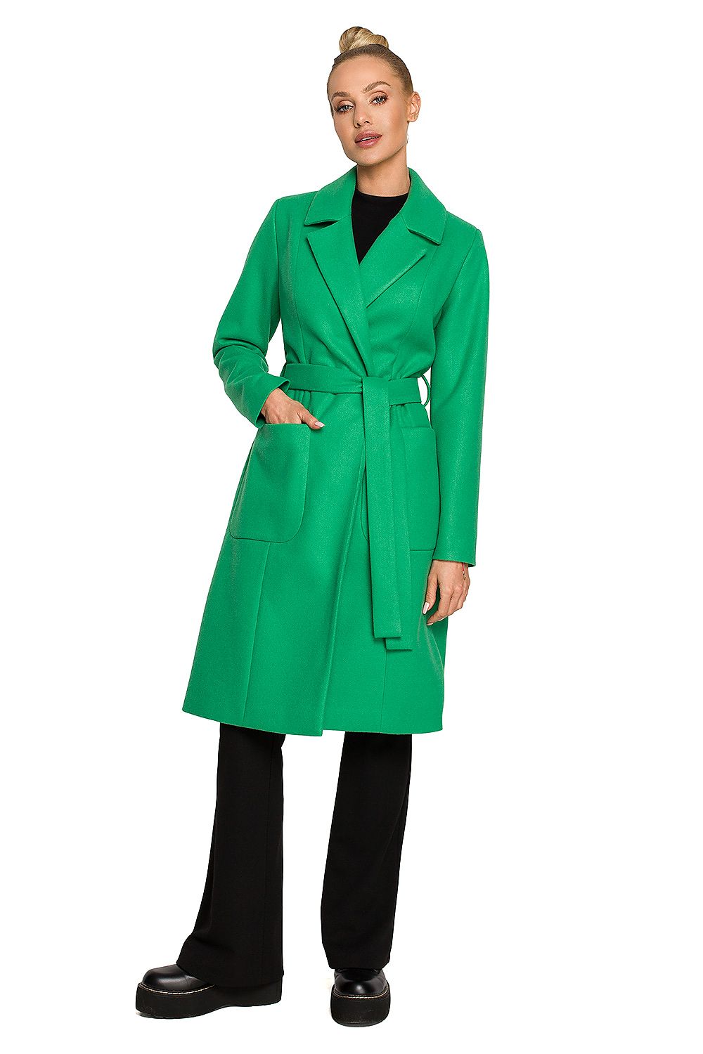 Elegant Fleece Coat With Belt, Classic Collar & Pockets - Modern Chic for Every Occasion, showcased in an elegant green colour, worn by a stylish model featuring a chic look suitable for various occasions.