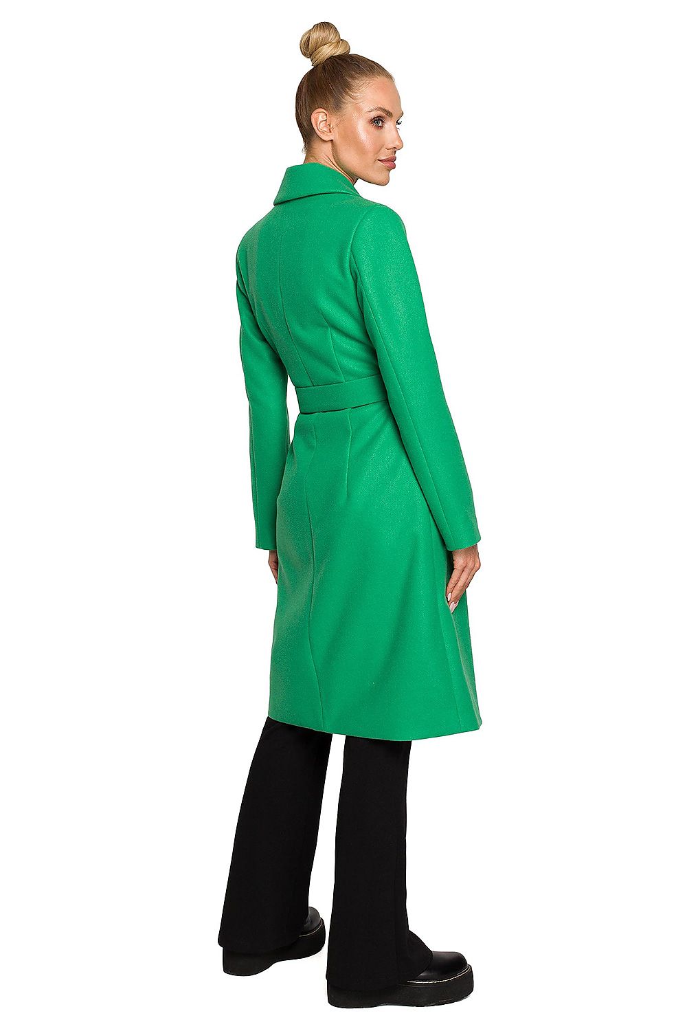 Back view of the Elegant Fleece Coat With Belt, Classic Collar & Pockets showcasing its tailored design, ideal for sophisticated outfits.