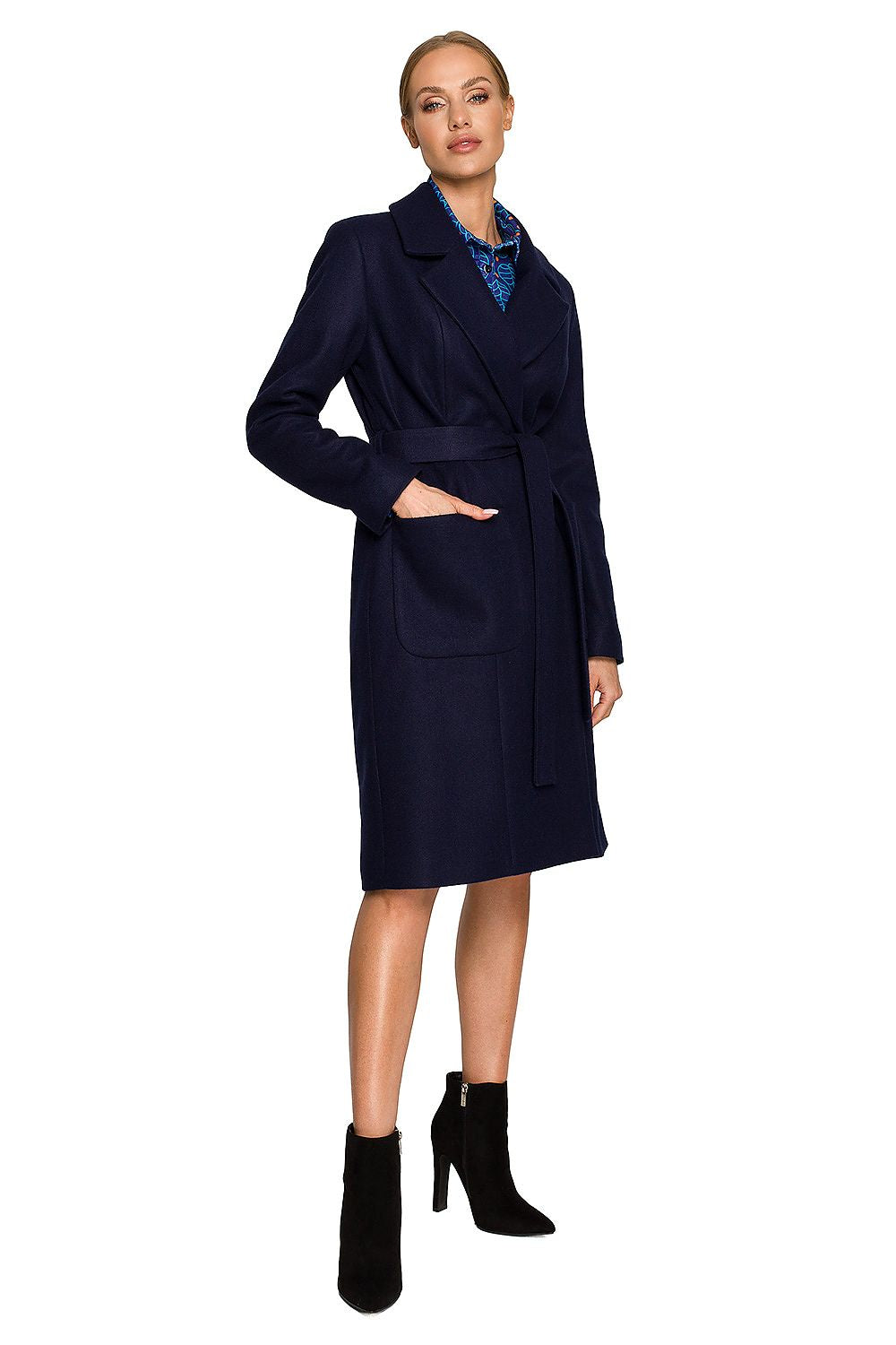 Stylish model showcasing the Elegant Fleece Coat With Belt, Classic Collar & Pockets in a deep navy colour, accentuating modern luxury.