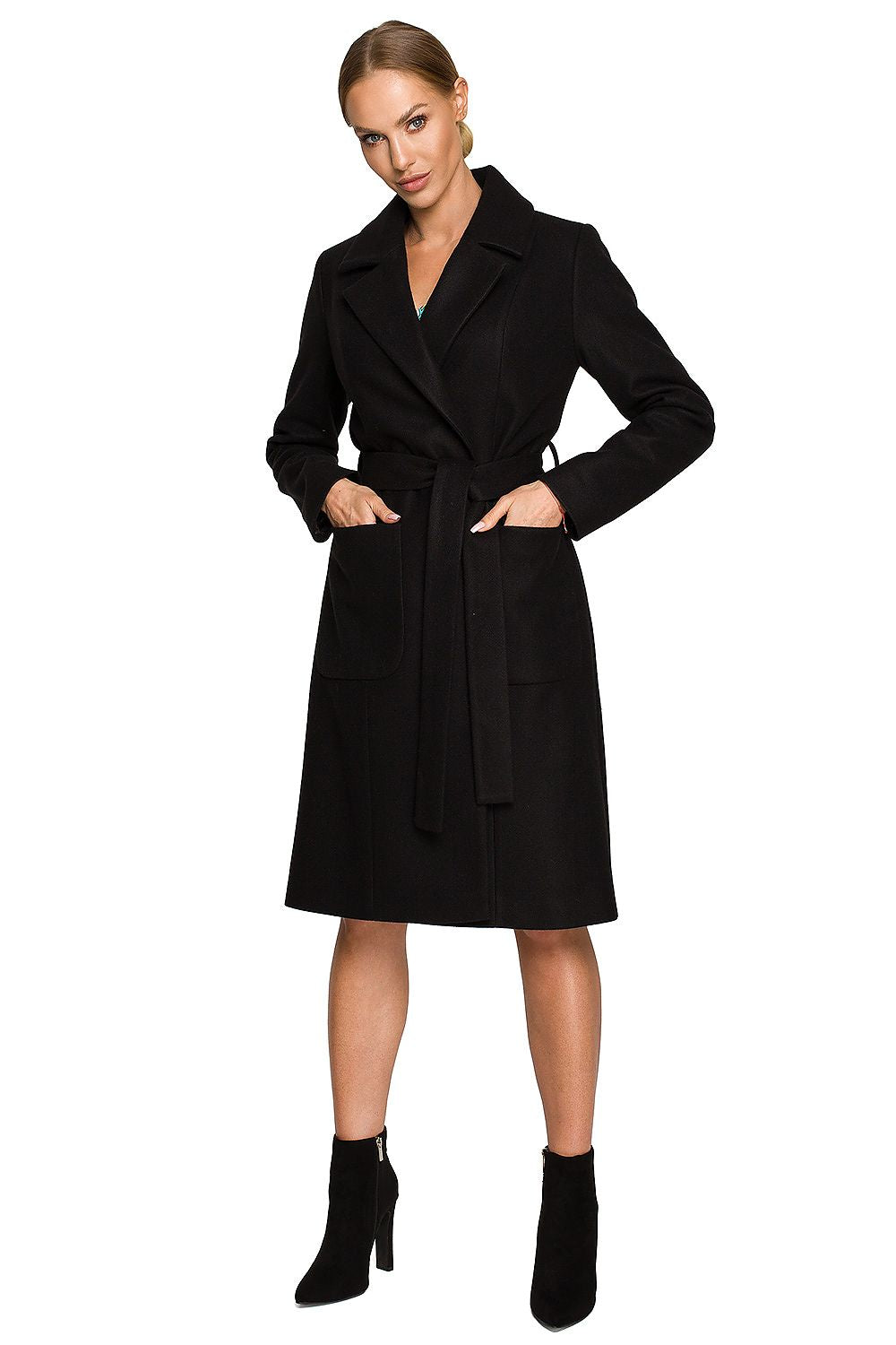 Elegant Fleece Coat With Belt, Classic Collar & Pockets - Modern Chic for Every Occasion, displayed on a model showcasing its sophisticated look with stylish high-heeled boots.