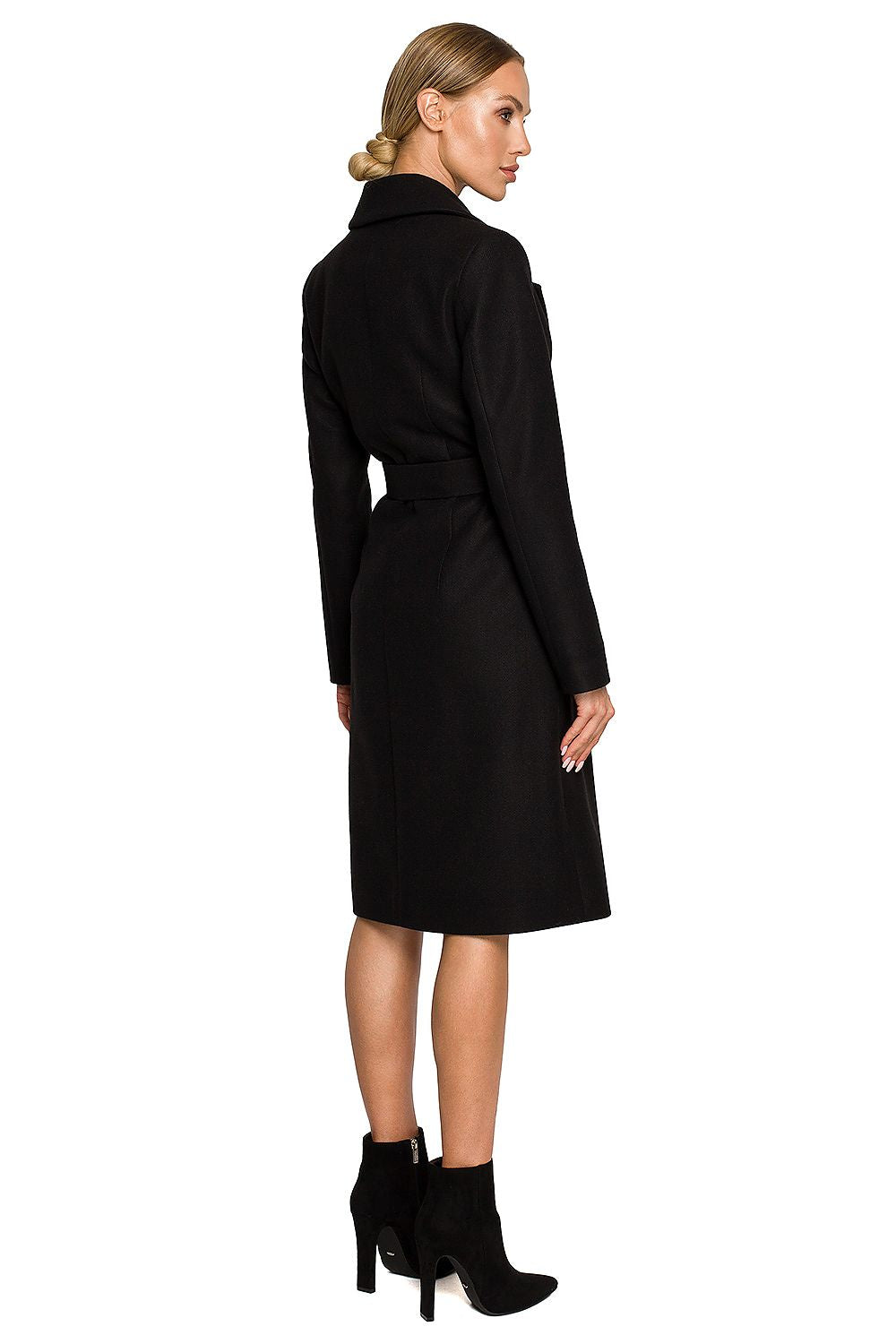 Elegant Fleece Coat With Belt, Classic Collar & Pockets - Modern Chic for Every Occasion, capturing the back view of the coat with a fitted silhouette and stylish belt detail.
