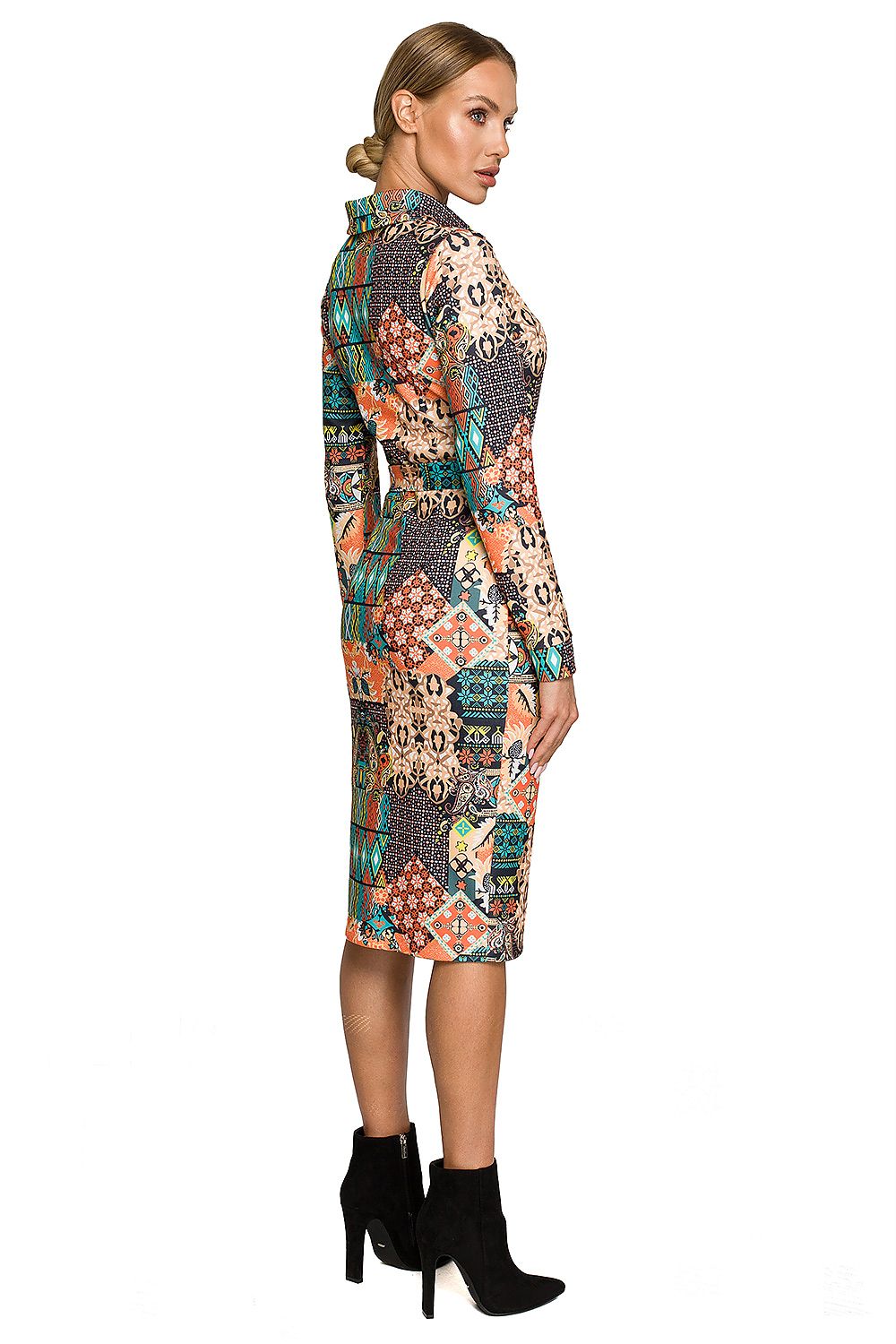 Moe Multicolour Print Pencil Midi Dress with Collar and Tied Belt - Elegant Fit for Every Occasion, featuring a stunning front view with a distinctive collar and detailed tied belt accentuating the waist.