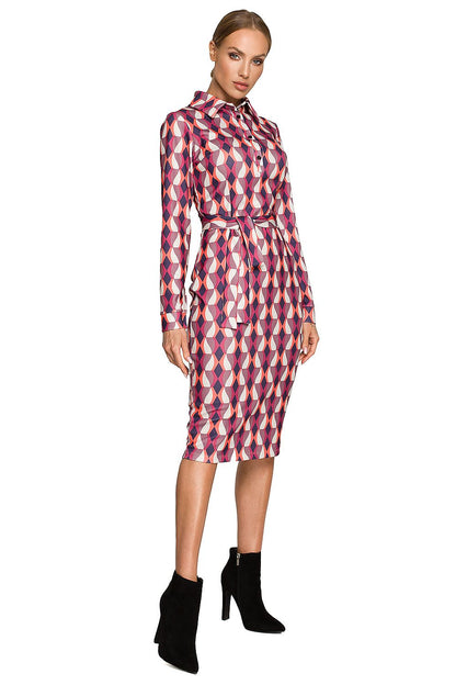 Moe Multicolour Print Pencil Midi Dress with Collar and Tied Belt - Elegant Fit for Every Occasion, showcasing a model wearing a stunning geometric pattern dress with a flattering silhouette, complemented by stylish black ankle boots.