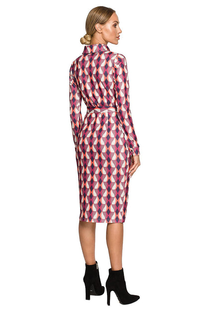 Back view of the Moe Multicolour Print Pencil Midi Dress with Collar and Tied Belt - Elegant Fit for Every Occasion, highlighting the dress's elegant print and tailored fit, paired with chic black boots.