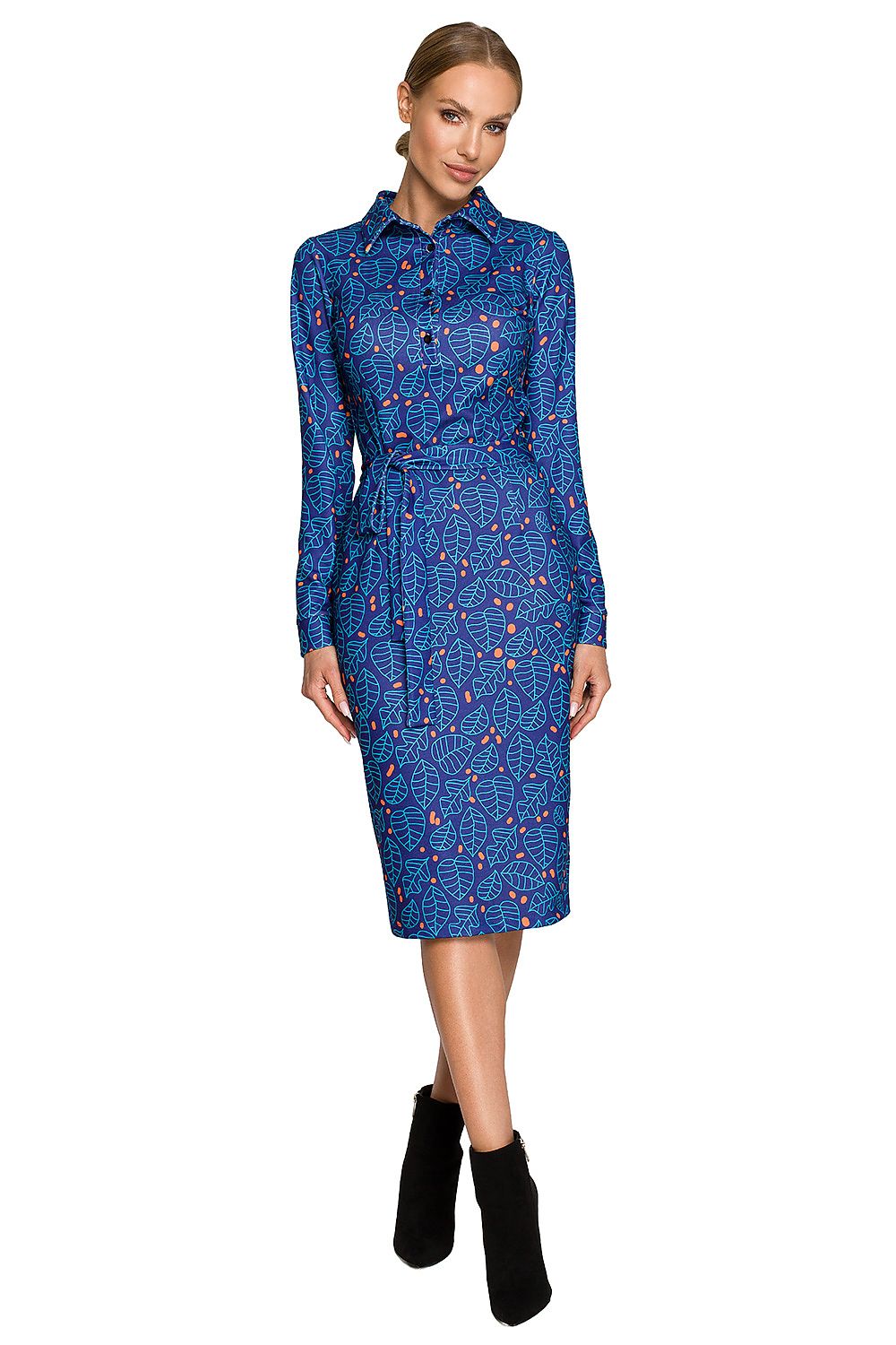 Moe Multicolour Print Pencil Midi Dress with Collar and Tied Belt - Elegant Fit for Every Occasion, displayed on a model in a vibrant blue print, showcasing a sophisticated style with an accentuated waist, paired with stylish black ankle boots.