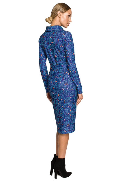 Back view of the Moe Multicolour Print Pencil Midi Dress with Collar and Tied Belt - Elegant Fit for Every Occasion, revealing the elegant leaf design and flattering cut, perfectly matched with black ankle boots.