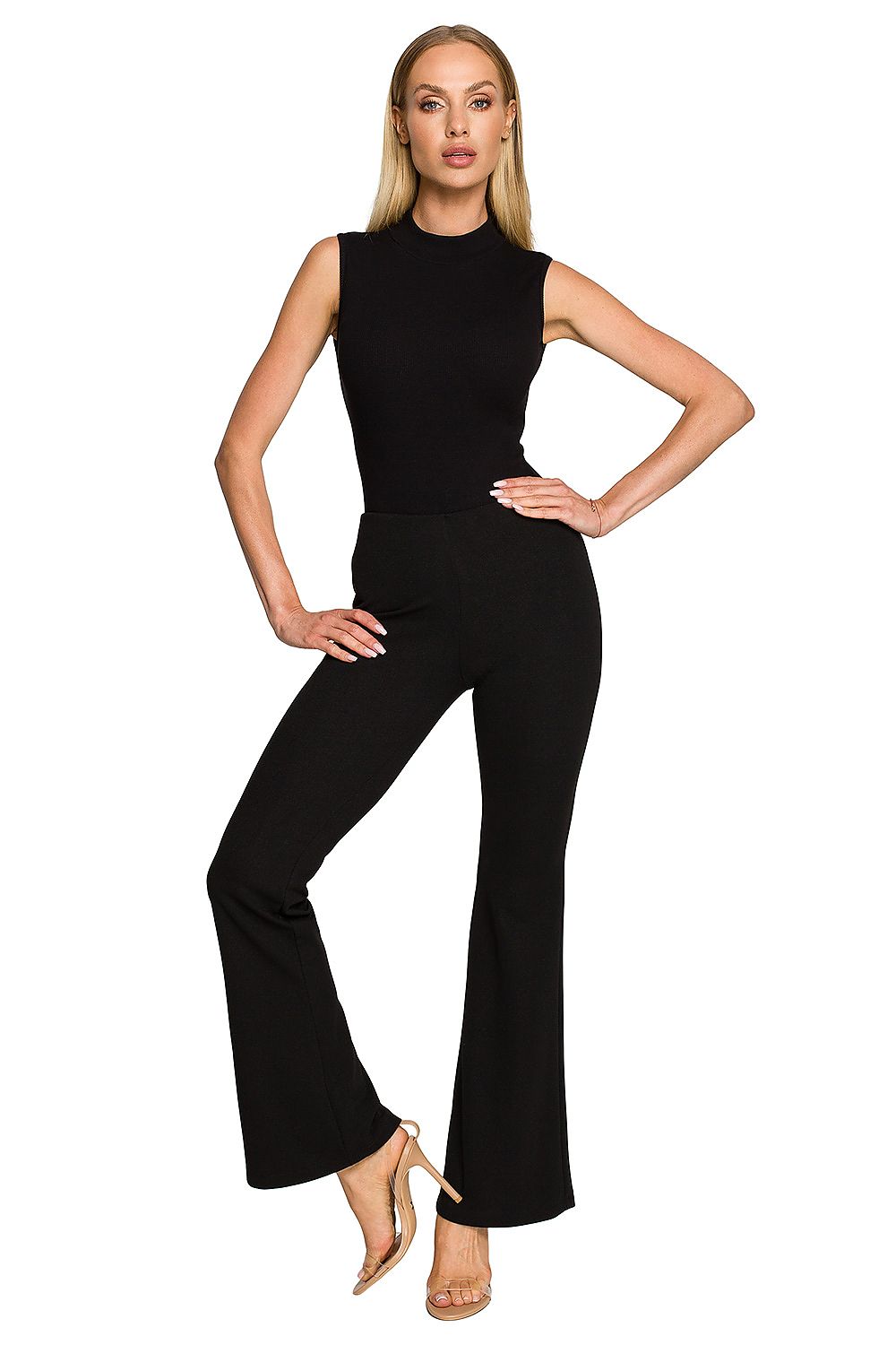 Elegant Women’s Stretchy Bell Trousers with Elastic Waistband by Moe, showcasing a chic model wearing black trousers paired with a sleeveless top and stylish sandals, epitomizing luxury and comfort.
