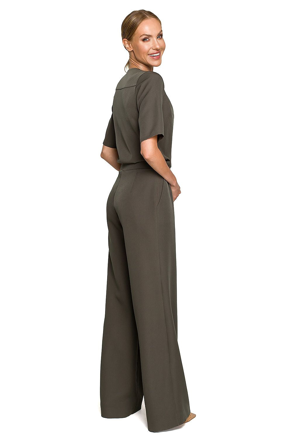 Elegant Wide Leg Trouser Suit with Elbow-Length Sleeves and Pockets - Designed by Moe, showcasing a model from the back, highlighting the sophisticated design and flattering fit.