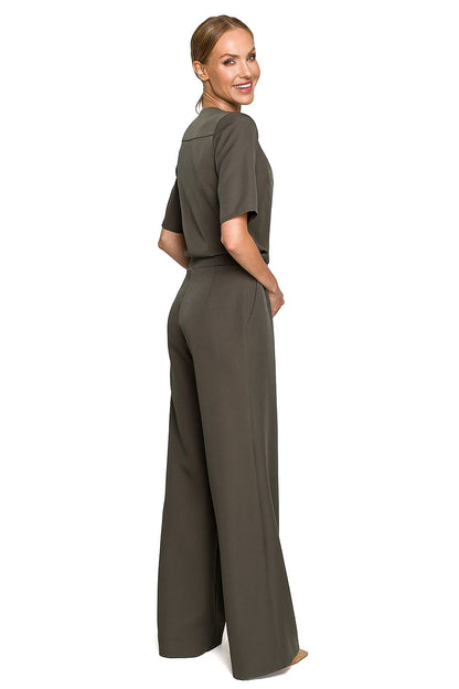 Elegant Wide Leg Trouser Suit with Elbow-Length Sleeves and Pockets - Designed by Moe, showcasing a model from the back, highlighting the sophisticated design and flattering fit.
