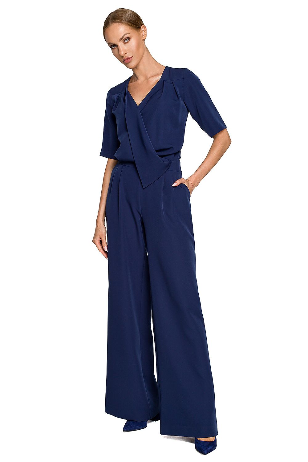 Elegant Wide Leg Trouser Suit with Elbow-Length Sleeves and Pockets - Designed by Moe, featuring a model in a striking navy blue ensemble, exuding luxury and elegance.