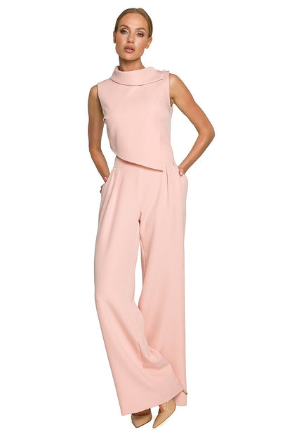 Elegant Wide-Leg Jumpsuit with Roll-Up Collar and Decorative Closure in soft pink by Moe, showcased elegantly on a model.