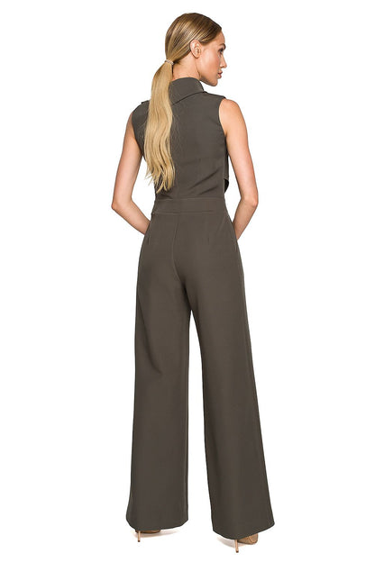 Back view of the dark green Elegant Wide-Leg Jumpsuit with Roll-Up Collar and Decorative Closure by Moe, highlighting its tailored fit.