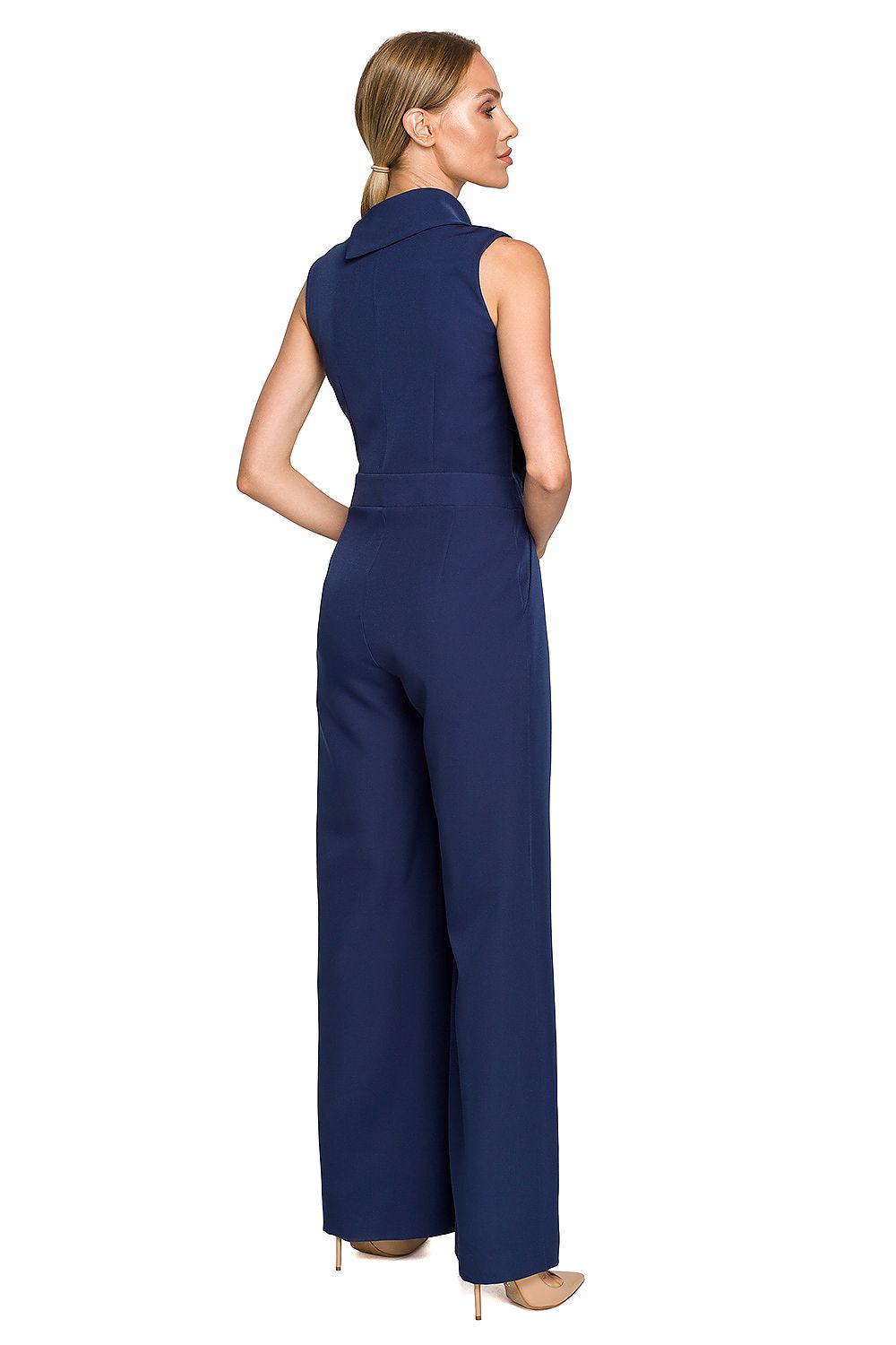 Elegant Wide-Leg Jumpsuit With Roll-Up Collar And Decorative Closure By Moe, featuring a stylish back view with a sophisticated collar design and wide legs, perfect for special occasions.