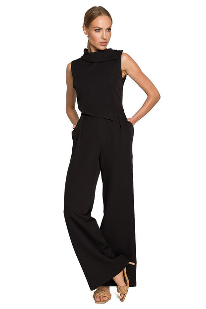 Elegant Wide-Leg Jumpsuit With Roll-Up Collar And Decorative Closure By Moe, showcasing a front view with a chic high-collar and tailored silhouette, ideal for luxurious outings.