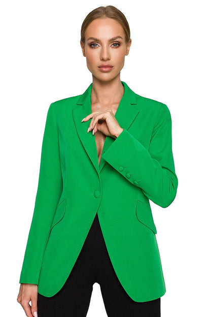 Elegant Women's Blazer Jacket with Feminine Fit, Classic Collar & Versatile Patch Pockets, showcased on a model wearing a striking green blazer.