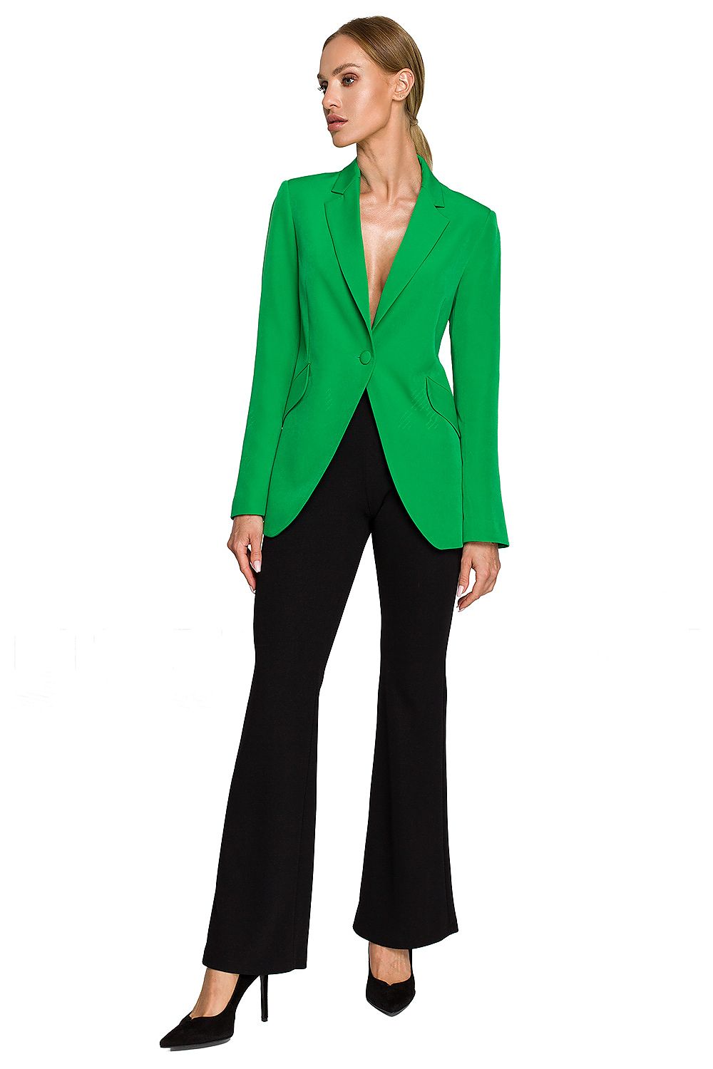 Elegant Women's Blazer Jacket with Feminine Fit, Classic Collar & Versatile Patch Pockets, featured on a model styled with a black flared trouser.
