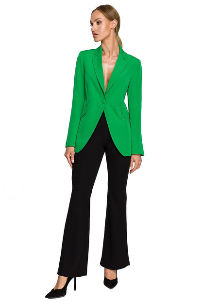 Elegant Women's Blazer Jacket with Feminine Fit, Classic Collar & Versatile Patch Pockets, featured on a model styled with a black flared trouser.