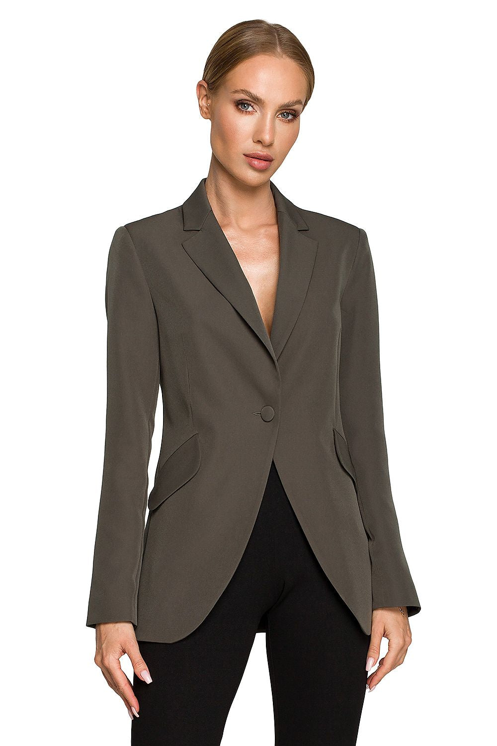 Elegant Women's Blazer Jacket with Feminine Fit, Classic Collar & Versatile Patch Pockets - Front view of a model showcasing a chic brown blazer, elegantly designed with a classic collar.