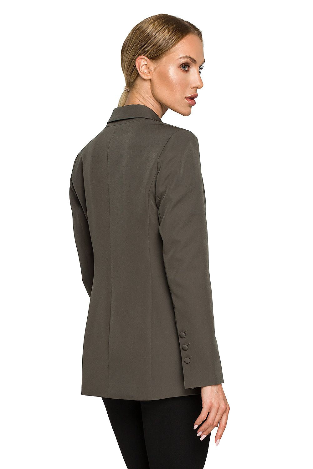 Elegant Women's Blazer Jacket with Feminine Fit, Classic Collar & Versatile Patch Pockets - Model highlighting the back of a tailored brown blazer, showcasing its elegant cut and design.