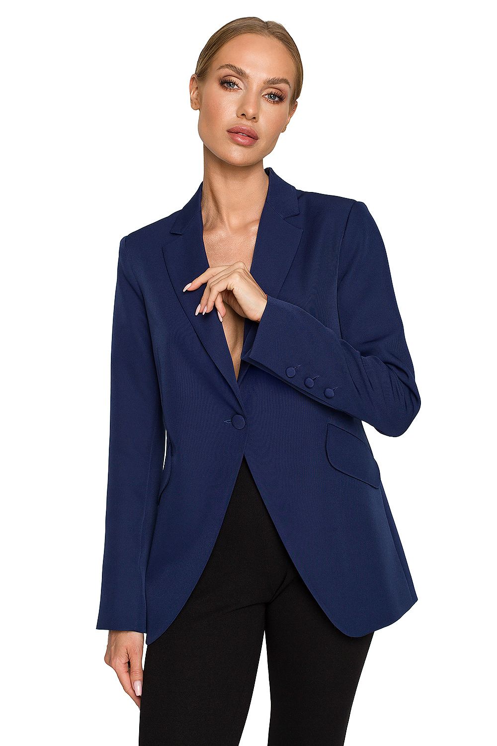 Elegant Women's Blazer Jacket with Feminine Fit, Classic Collar & Versatile Patch Pockets - Chic navy blazer model presenting a refined look with elegant details and a flattering silhouette.
