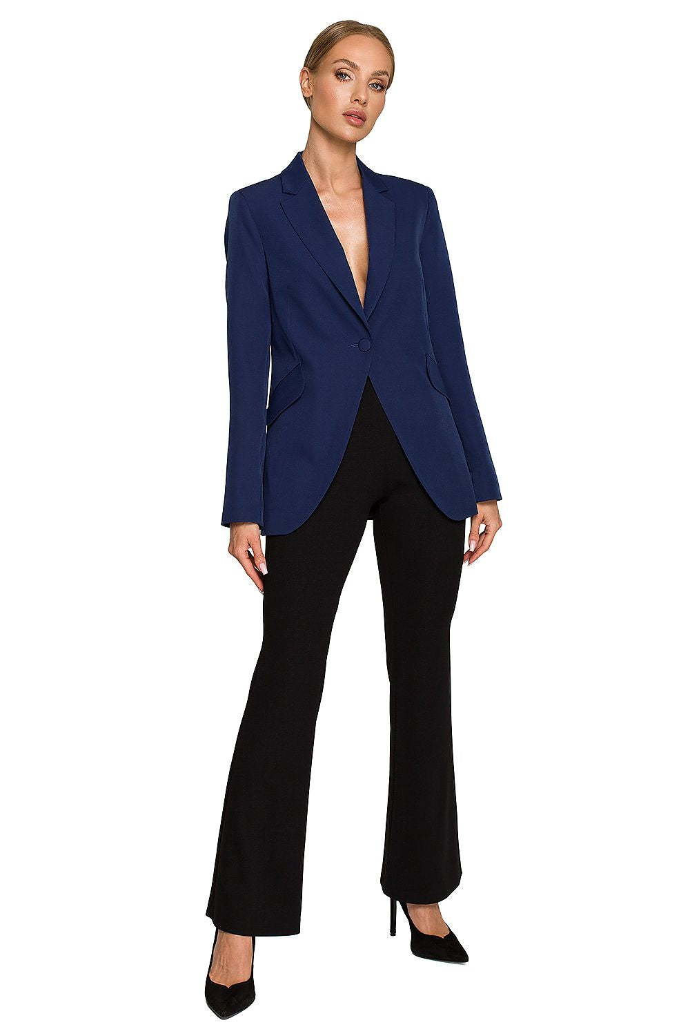 Elegant Women's Blazer Jacket with Feminine Fit, Classic Collar & Versatile Patch Pockets, showcased in navy, styled with flared pants for a sophisticated look.