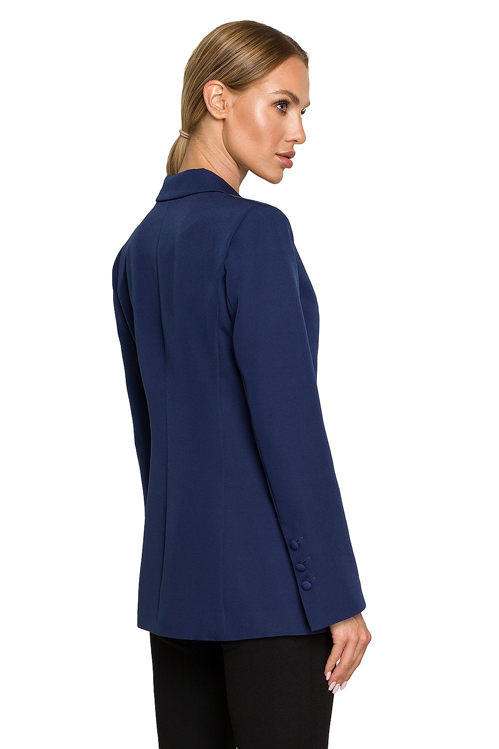 Back view of the Elegant Women's Blazer Jacket with Feminine Fit, Classic Collar & Versatile Patch Pockets in navy, highlighting tailored precision and a professional silhouette.