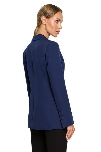 Back view of the Elegant Women's Blazer Jacket with Feminine Fit, Classic Collar & Versatile Patch Pockets in navy, highlighting tailored precision and a professional silhouette.