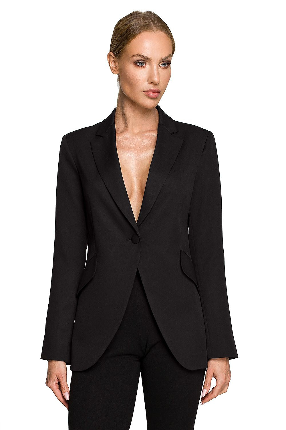Front view of the Elegant Women's Blazer Jacket with Feminine Fit, Classic Collar & Versatile Patch Pockets in classic black, exuding elegance with a flattering cut.