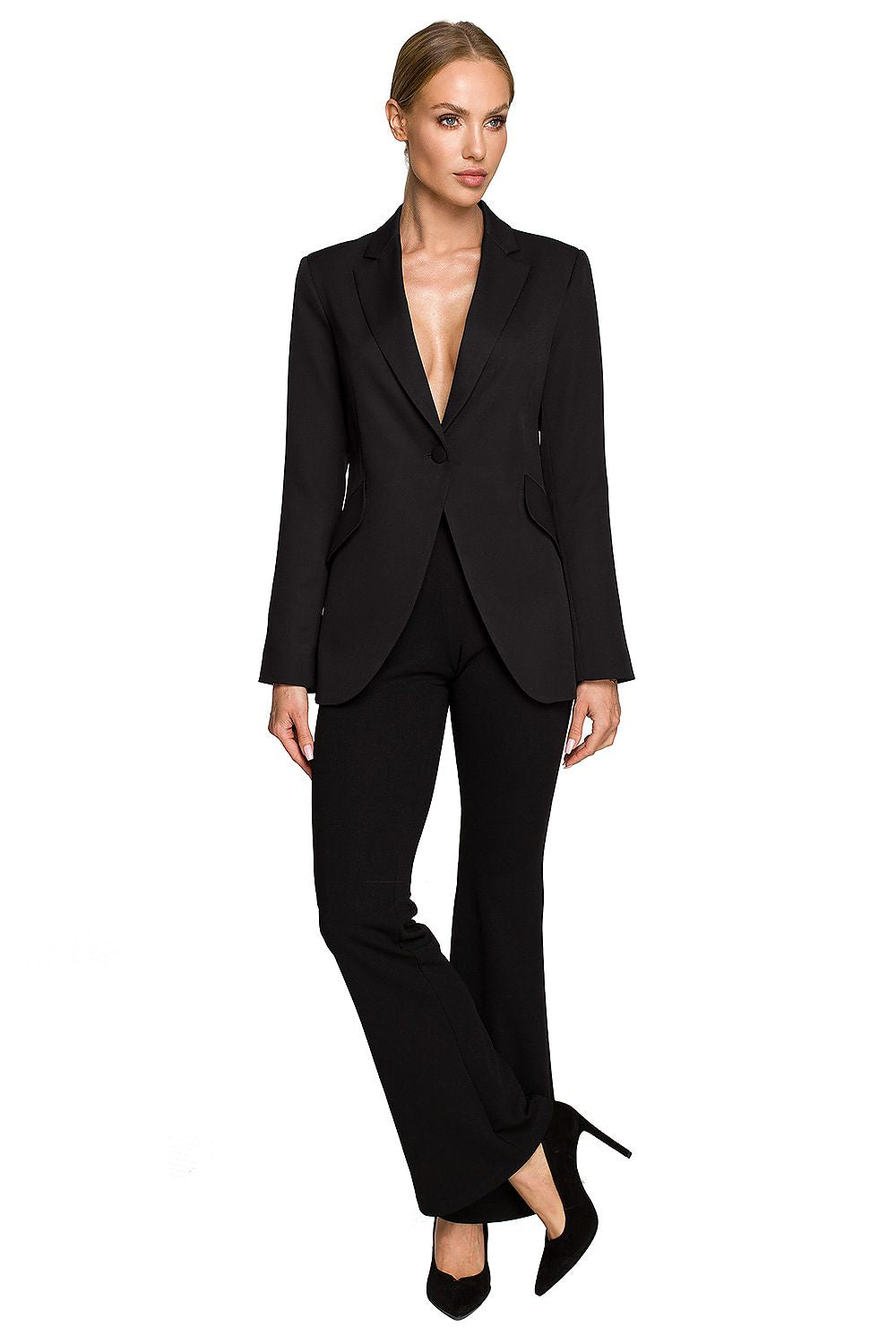 Full-length image of the Elegant Women's Blazer Jacket with Feminine Fit, Classic Collar & Versatile Patch Pockets in black, perfectly paired with stylish black trousers.