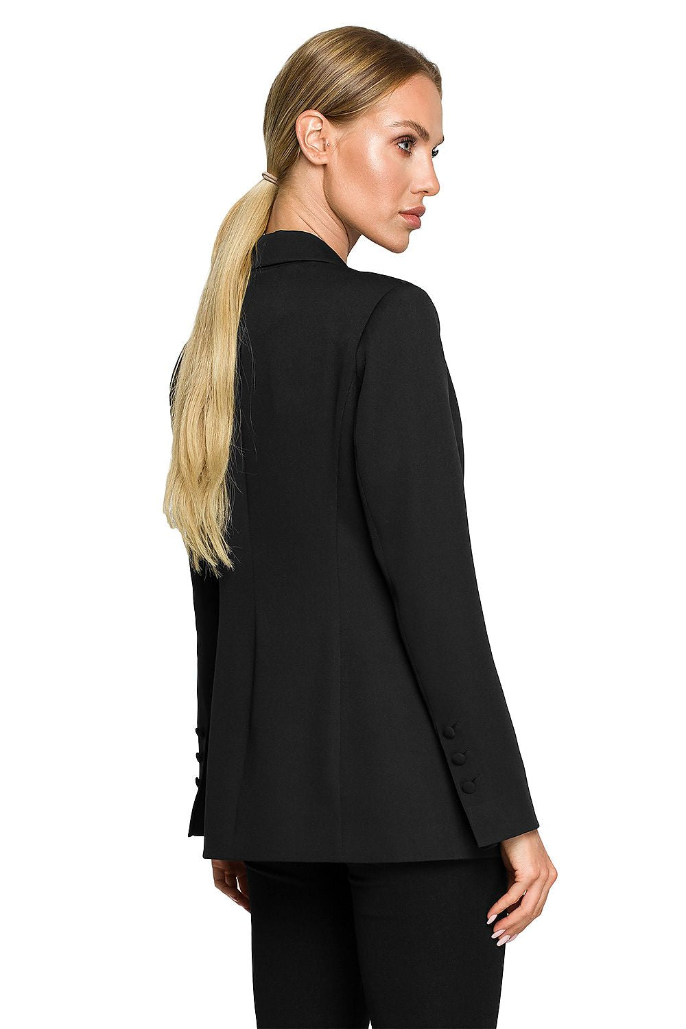 Back view of the Elegant Women's Blazer Jacket with Feminine Fit, Classic Collar & Versatile Patch Pockets in black, showcasing refined tailoring and luxurious design.