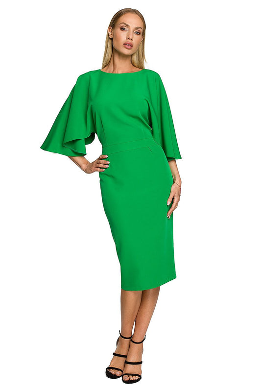 Elegant knee-length cocktail dress with ruffled sleeves by Moe in vibrant green, ideal for special occasions.