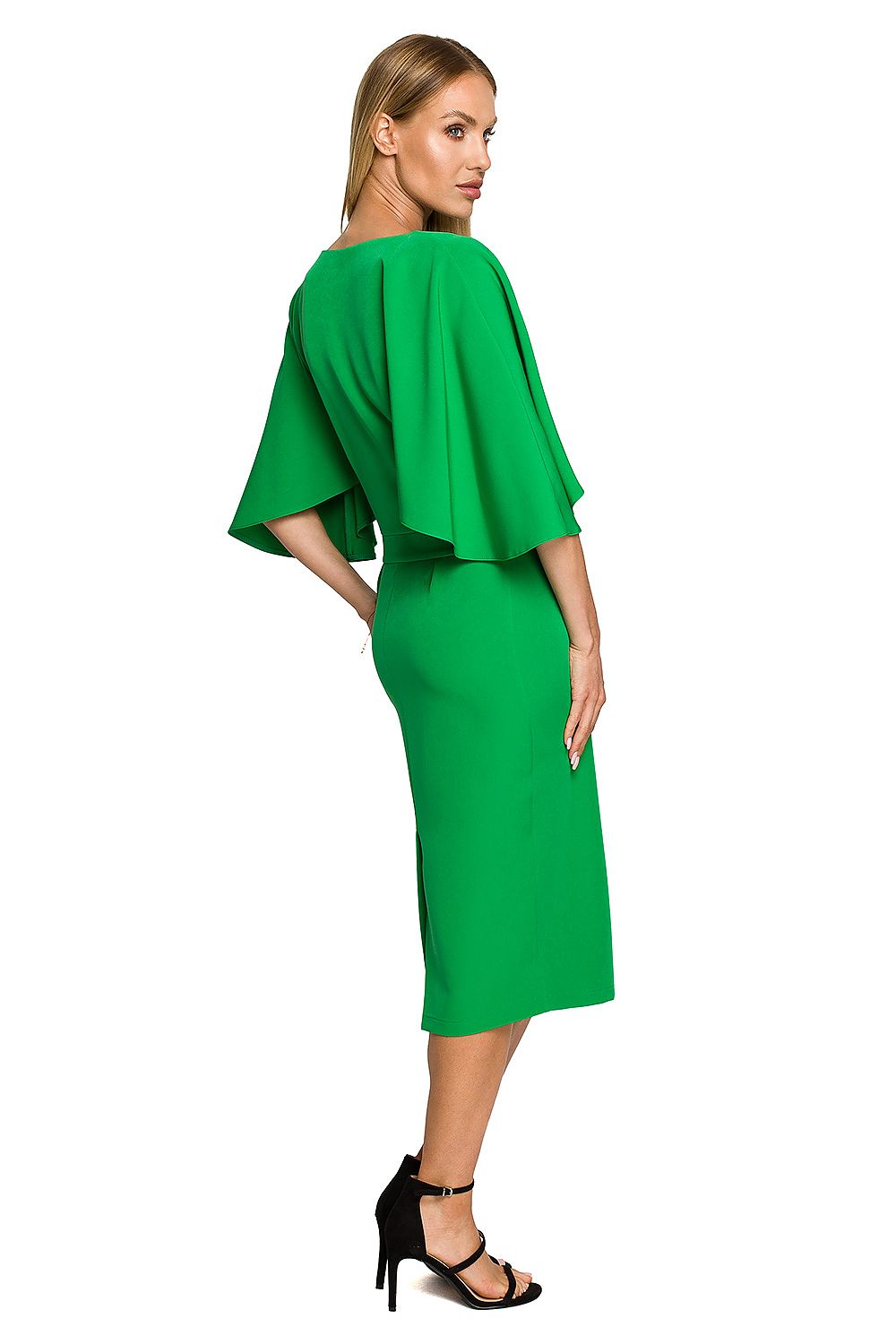 Back view of the elegant knee-length cocktail dress with ruffled sleeves by Moe in striking green, perfect for special occasions.