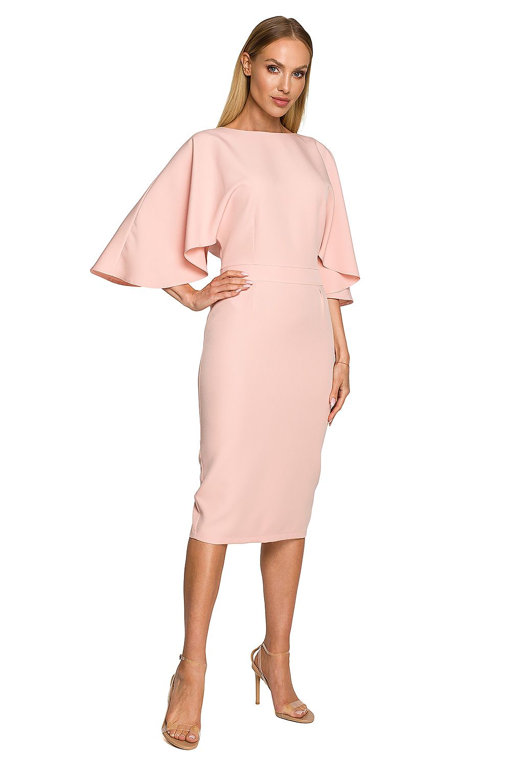Elegant knee-length cocktail dress with ruffled sleeves by Moe in soft pink, a luxurious choice for special occasions.