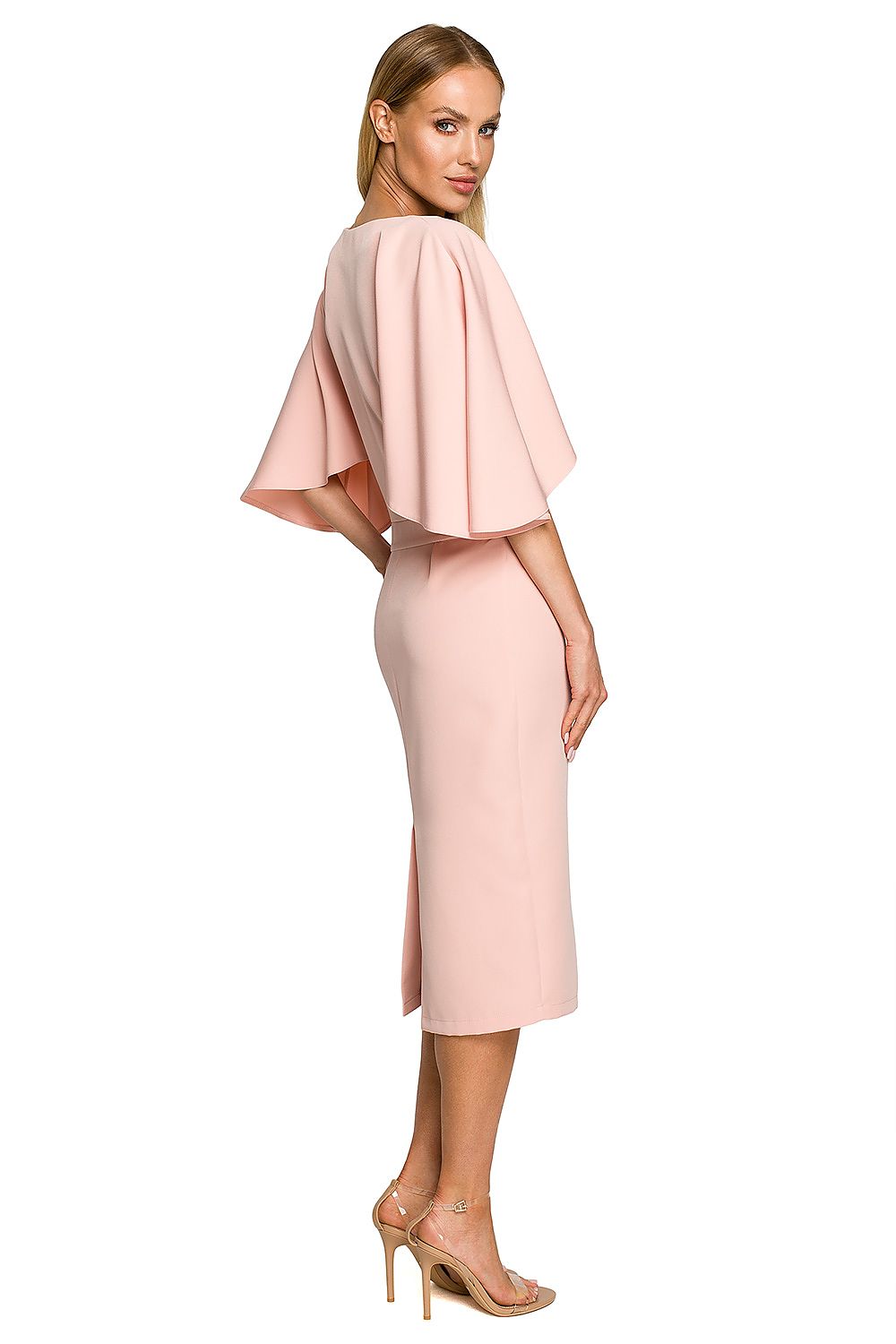 Back view of the elegant knee-length cocktail dress with ruffled sleeves by Moe in delicate pink, ideal for special occasions.