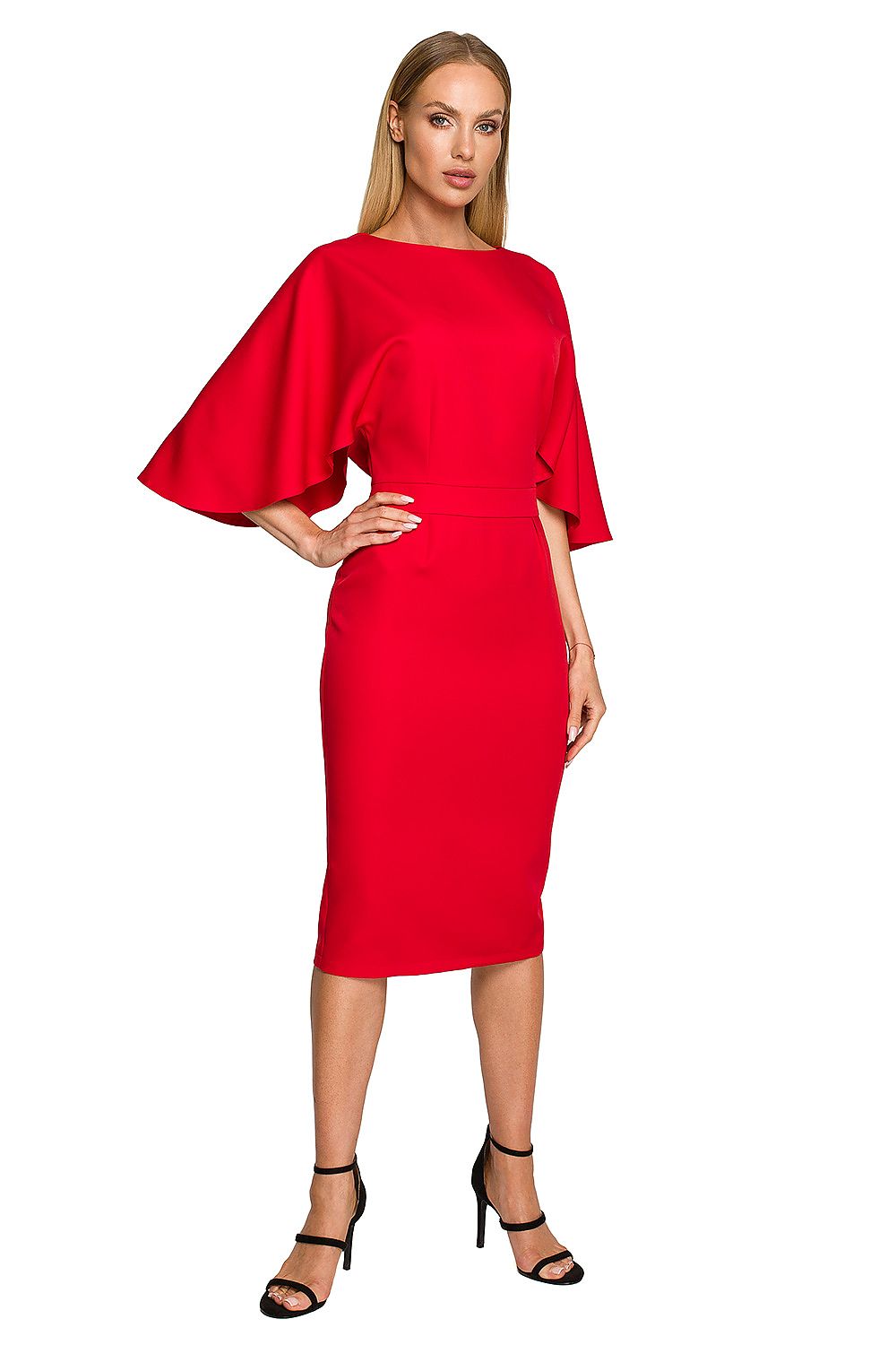 Elegant knee-length cocktail dress with ruffled sleeves by Moe in bold red, an exquisite option for special occasions.