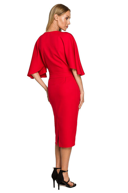 Elegant Knee-Length Cocktail Dress With Ruffled Sleeves by Moe in a striking red, featuring a fitted skirt and wide, ruffled sleeves, perfect for special occasions.