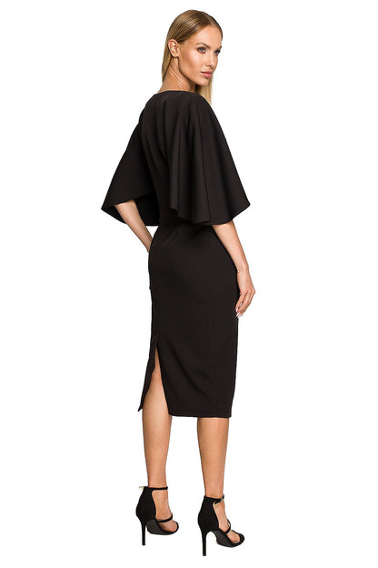 Elegant Knee-Length Cocktail Dress With Ruffled Sleeves by Moe in classic black, with a stylish fitted design and elegant ruffled sleeves, perfect for making a statement at special events.