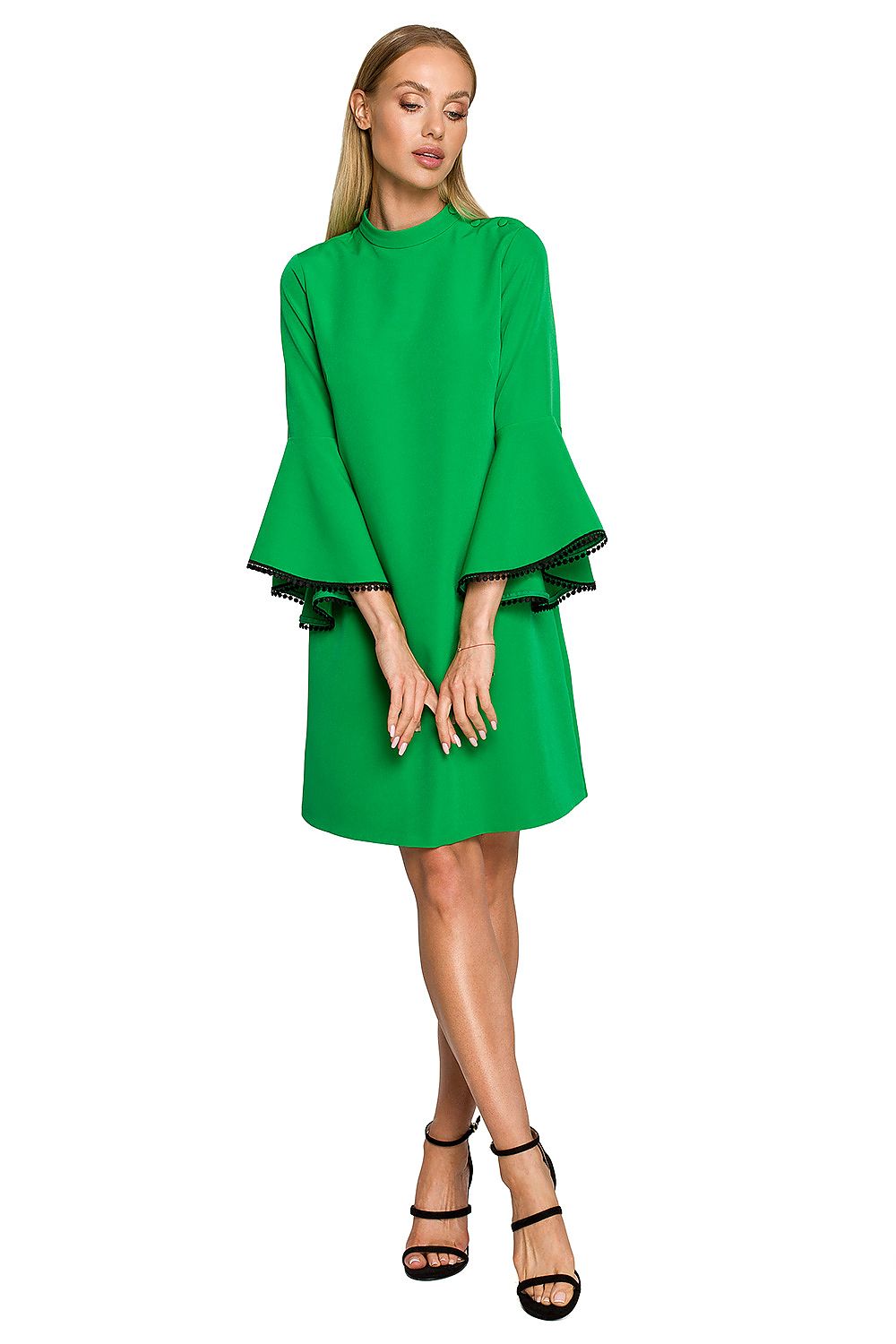 Moe Women's A-Line Daydress with Ruffled Sleeves and Ribbon Detail in vibrant green, showcasing elegant charm in an A-line cut, perfect for casual or formal occasions.