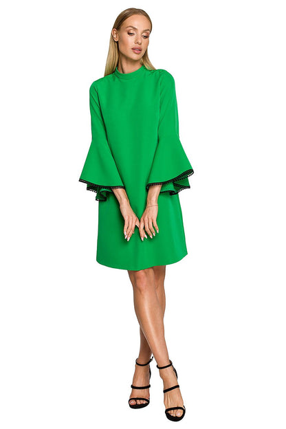 Moe Women's A-Line Daydress with Ruffled Sleeves and Ribbon Detail in vibrant green, showcasing elegant charm in an A-line cut, perfect for casual or formal occasions.